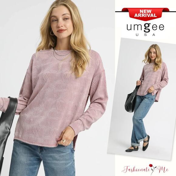 Umgee Textured Knit Long Sleeves Crew Neckline Lightweight Oversized Top | Mauve - Picture 1 of 6
